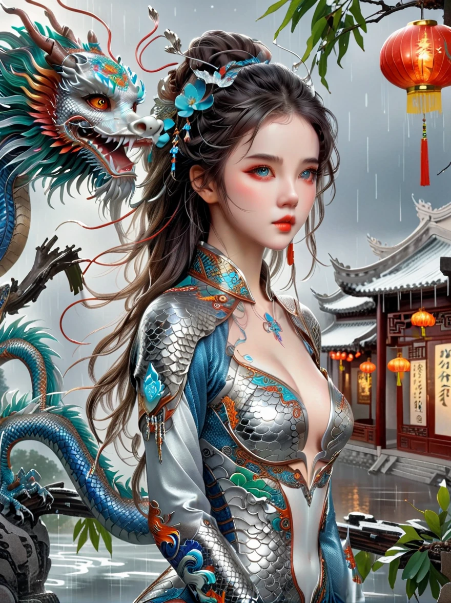 Works of Chinese style masters, shining, Traditional Chinese ink painting, willow branches, Wu Changshuo, 1 girl, small breasts, beautiful detailed eyes, beautiful detailed cyberpunk city, flat chest, beautiful detailed hair, wavy hair, beautiful detailed street, mecha clothes, robot girl, cool movement, silver bodysuit, (filigree), dragon wings, colorful background, a dragon stands behind the girl, rainy days, (lightning effect), beautiful detailed silver dragon armor, (cold face), composition, Dazzling colors, Stunning visual effects, otherworldly appearance, Fascinating artistry, eyes on the audience, high resolution, Super detailed, lifelike, illustration, first-person view, ((masterpiece)), best quality, anatomically correct, ccurate, 8k, best quality, 8K, masterpiece