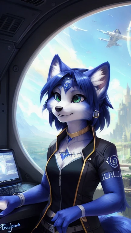 A beautiful and detailed (sweet portrait) von ((Krystal)), Sternenfuchs Krystal, Schlank, liebenswert, Green eyes, Small breasts, Raumanzug, Tippen auf einem holographischen Computer, Dekollete, Grinsen, hoch schauen,, Anthro, Pelzig, holografischer Bildschirm, Science-Fiction, Hochgeladen E621, detailed flauschige fur, (von Fluff-Kevlar, Bayard Wu, personalami, Pino Daeni), detailliertes Gesicht, (flauschige), 1girl, Allein, kein Wasserzeichen