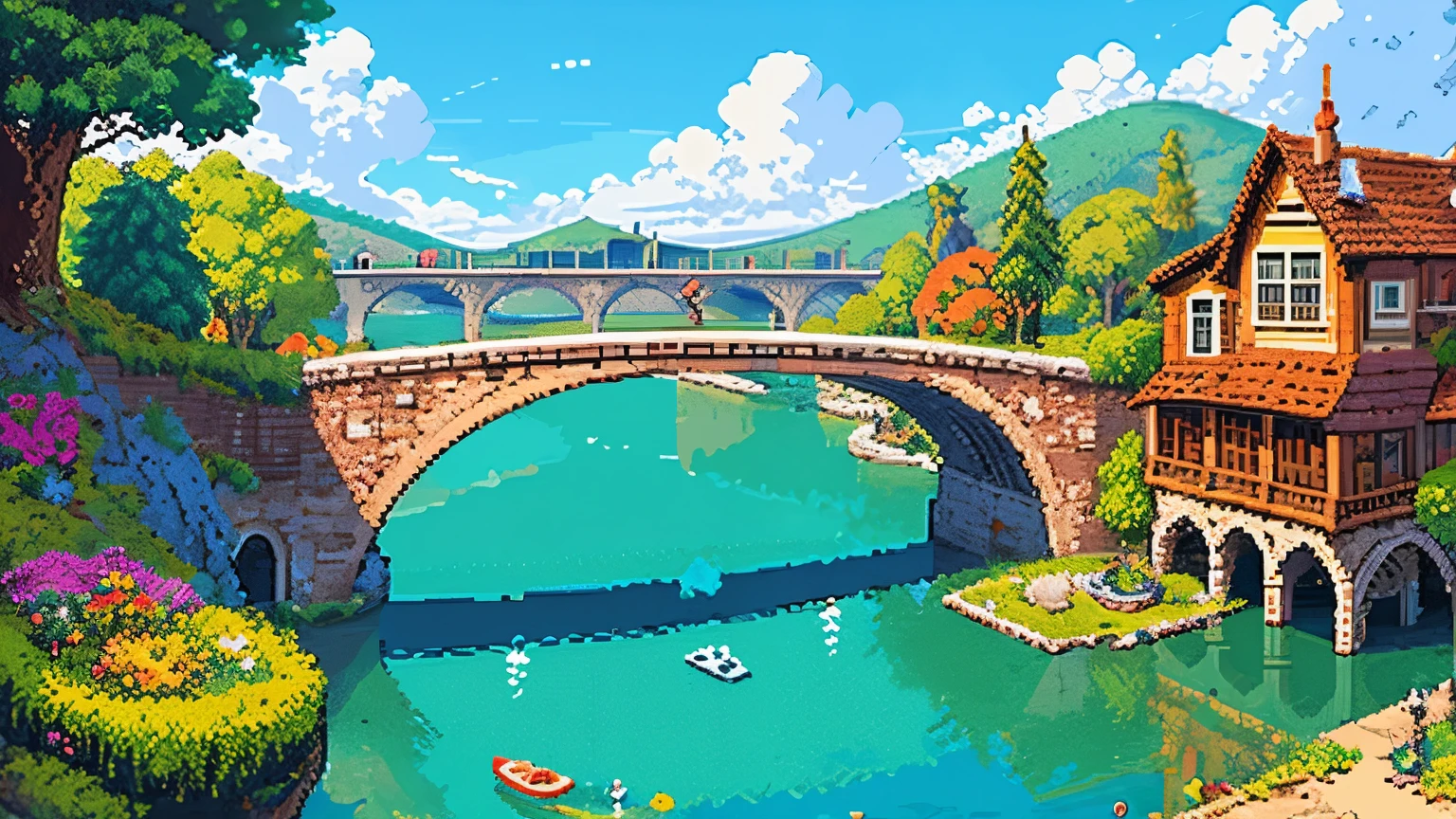 (masterpiece, best quality:1.2), architecture, pixel art,river,Sky,cloud,bridge