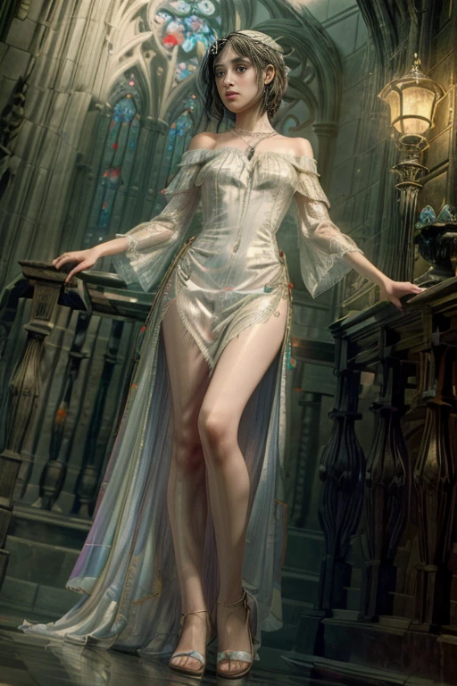 (full body anatomically correct) princess beside a colorful window of stained glass, colorful reflection from window, reflection on face, pretty girl, beautiful face, off shoulder, long white dress, slender arms, silk clothing, necklace, glass sparkly slippers, headpiece, goth cathedral inside, stained colorful glass, luxury, goth architecture, high ceiling, light ray reflection from the ceiling, fantasy, aesthetic, masterpiece, cinematic lighting, tonalism, detailed, bug's eye view, angle from below