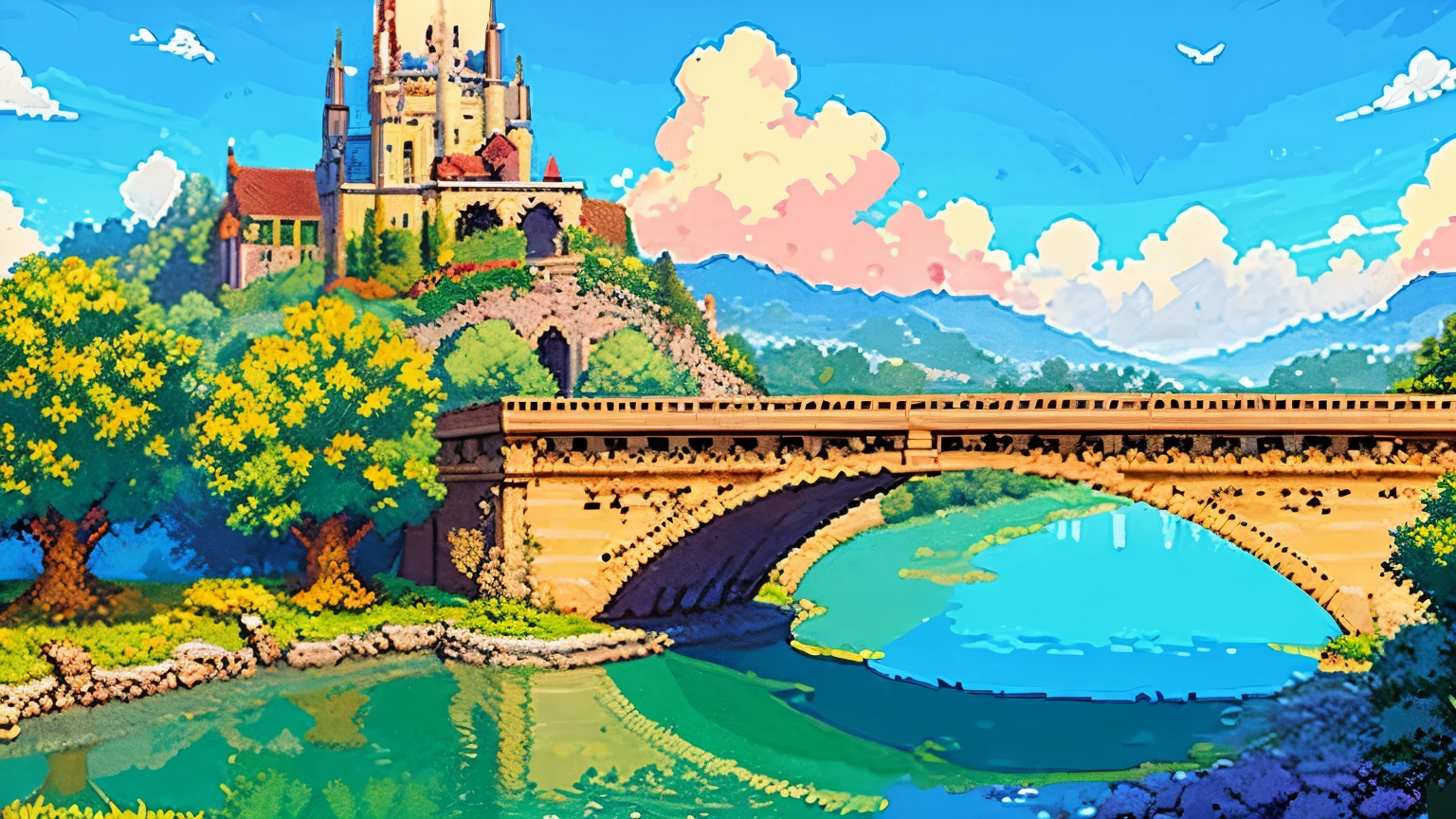 (masterpiece, best quality:1.2), architecture, pixel art,river,Sky,cloud，bridge
