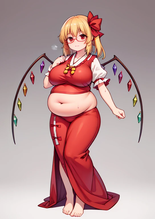 (Full body, glasses), An image of a pregnant girl using a kimono that leaves her belly on full display and leaves her huge breasts uncovered, Flandre scarlet