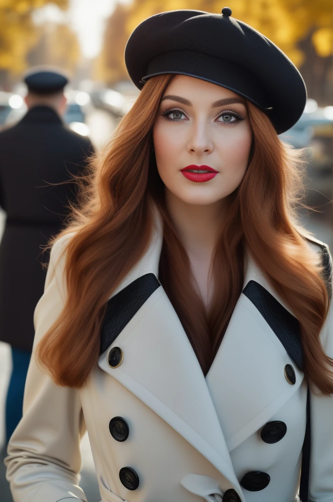 A close-up portrait of a gorgeous, beautiful, stunning russian woman wearing a classy elegant outfit: a white belted double breasted leather trench coat with black buttons, a black beret. A redhead woman from Russia, delicate red lips, pastel pink skin tone, soft flawless pale skin, elegant make-up, red lipstick. Classy, elegant, sophisticated redhead woman, a majestic lady, dream beauty, ethereal beauty, angelical beauty, delicate, sensitive, tender, lovely, romantic, kind-hearted, feminine and strong, brave, determined woman from Russia. Elegant look, pink style, flowing and glowing wavy ginger hair. She's making a photo book, posing for camera, professional photograph, editorial photograph, portrait photograph of a russian model.