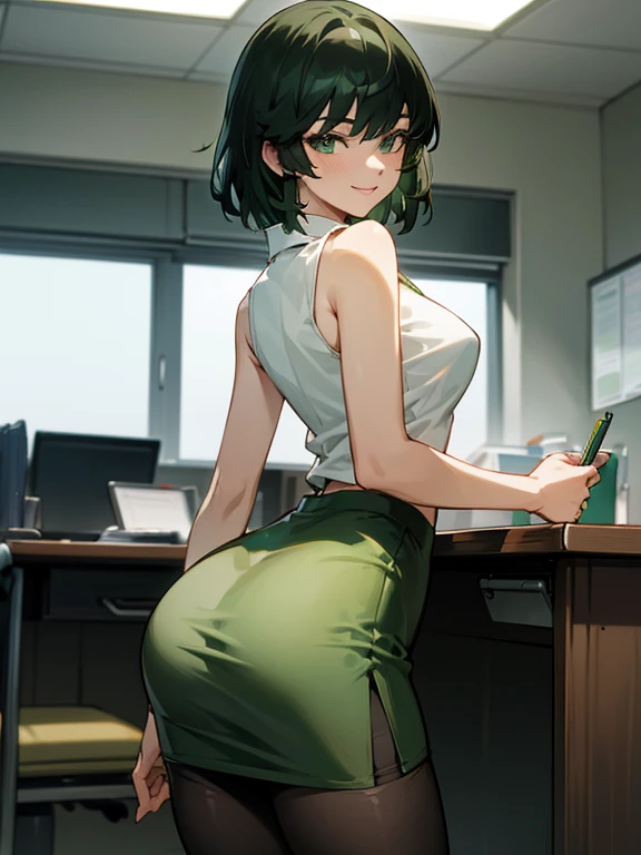 fubuki, green hair, pantyhose, white sleeveless shirt, pencil skirt, smile, office, from back, highly detailed, HD, 4K, Masterpiece, highres