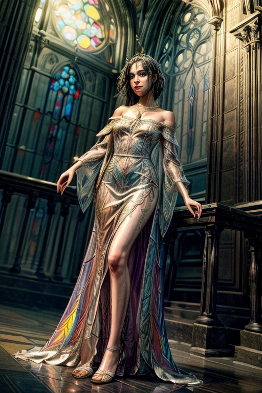 (full body anatomically correct) princess beside a colorful window of stained glass, colorful reflection from window, reflection on face, pretty girl, beautiful face, off shoulder, long white dress, slender arms, silk clothing, necklace, glass sparkly slippers, headpiece, goth cathedral inside, stained colorful glass, luxury, goth architecture, high ceiling, light ray reflection from the ceiling, fantasy, aesthetic, masterpiece, cinematic lighting, tonalism, detailed, bug's eye view, angle from below