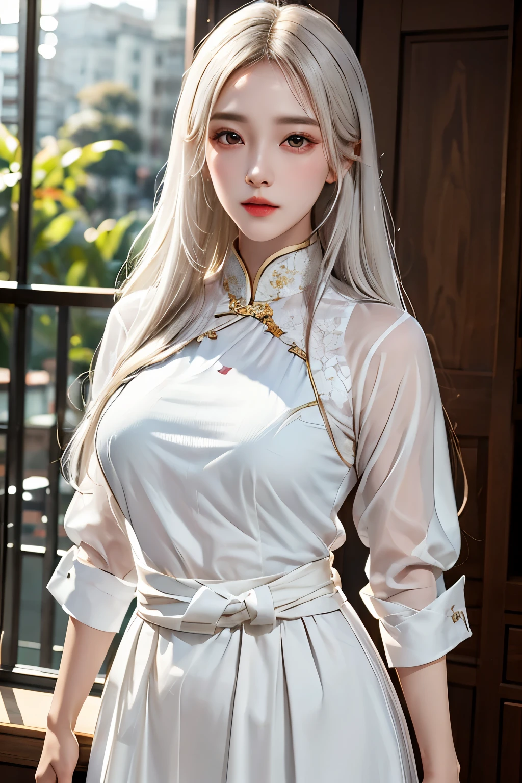 best quality, masterpiece, Super detailed, detail light, (original photo:1.2), (lifelike:1.4),(masterpiece:1.3),(best quality:1.4), 1 girl, alone, above waist, white hair, long hair, skirt, Ao Dai, traditional Vietnamese clothing,Highly detailed facial and skin textures, delicate eyes,surreal,Super real photos,Very detailed CG unified 8k wallpaper,(masterpiece),(best quality),(Super detailed),(Super real photos),(Best character details:1.36),There is light on the face, movie lighting,illustration, Very detailed,Level verbose, High resolution, Very detailed, best quality, masterpiece