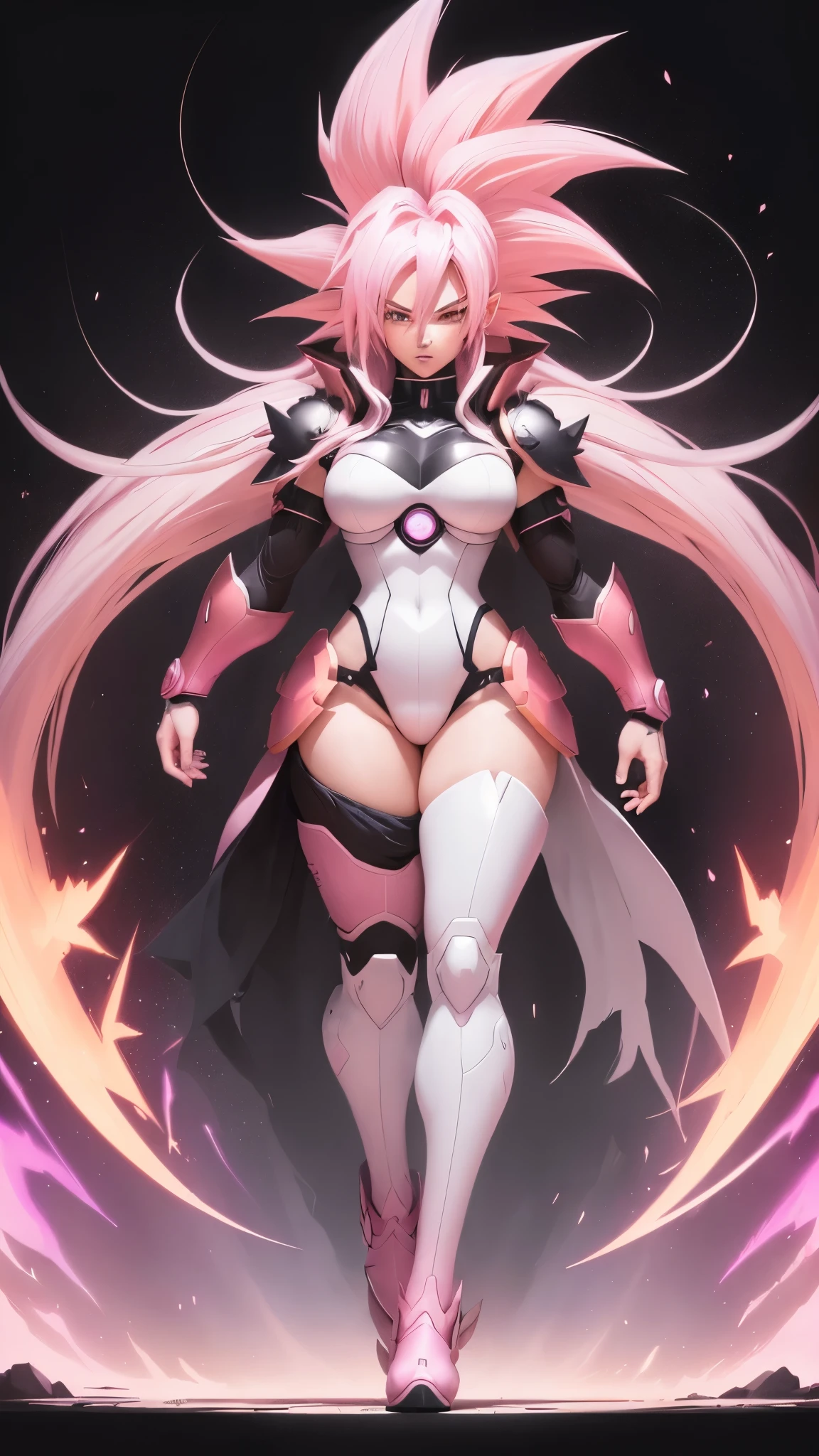 a drawing of a goku white hair with pink hair, artstyleunknown, full figure poster, dark aura, full art, cell shaded art, by theCHAMBA, black and reddish color armor, slick pink armor, official art, matte pink armor, official character art, wild spiky black saiyan hair, high detailed official artwork, colored manga panel
