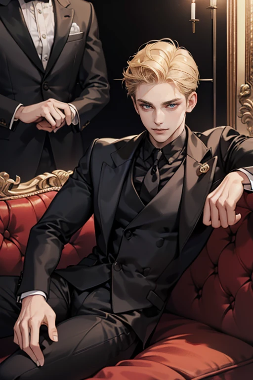 1 boy,Young male,eyes looking to camera,Perfect male body,(with short golden hair, Forehead exposed, Black suit, Black shirt, 3-piece-suit, Sit on the sofa), (Evil smile),Mafia,Luxurious living room
