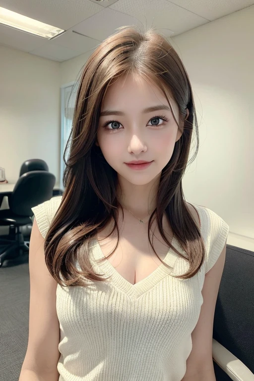 (8K, highest quality, masterpiece:1.2), (realistic, Photoreal:1.37), super detailed, one girl, cute, solo, ((hide your mouth)),((small chest)), (nose blush), (laughter:1.15), beautiful and fine eyes, (hair length: 1.2), Floating hair NovaFrogStyle, Upper body, office casual