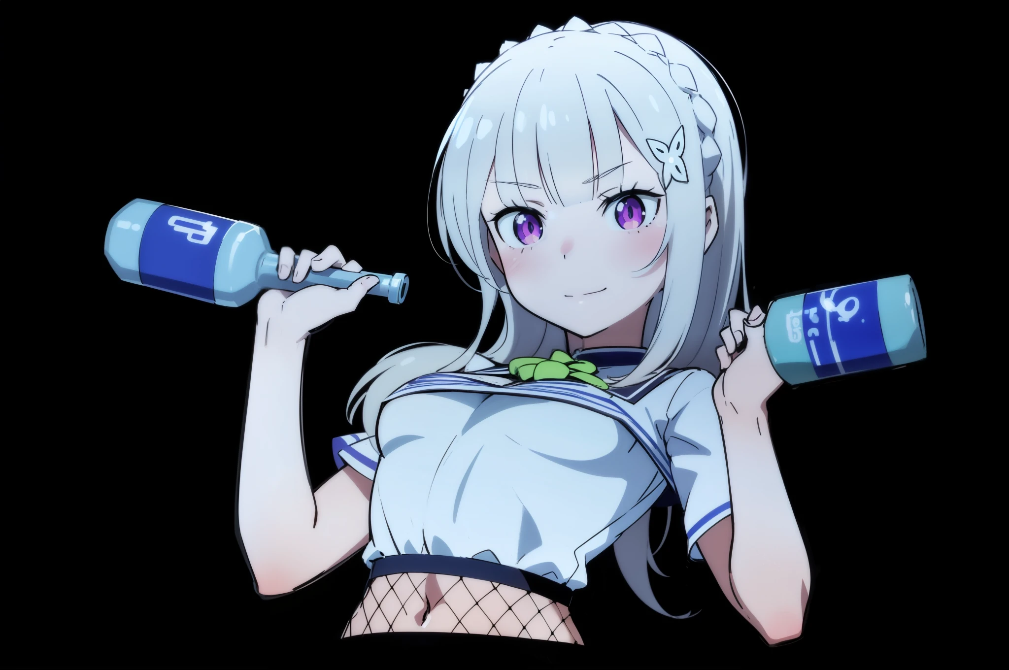 solo, 1 girl, emilia, emilia re:zero, white hair, long hair, crown braid, purple eyes, x hair ornament, flower hair ornament, medium breasts, (((underboob cleavage))), hand drawn, anime girl with two beer botles in her hands, most strongest pose, rei hiroe, female anime character, dramatic smirk pose, hana yata, strong pose, cel shaded anime, waifu, underboob, extremely short crop top, cyber school girl, female protagonist 👀 :8, an anime girl, cel - shaded art style, kda, fishnets, midriff, tattoos, 