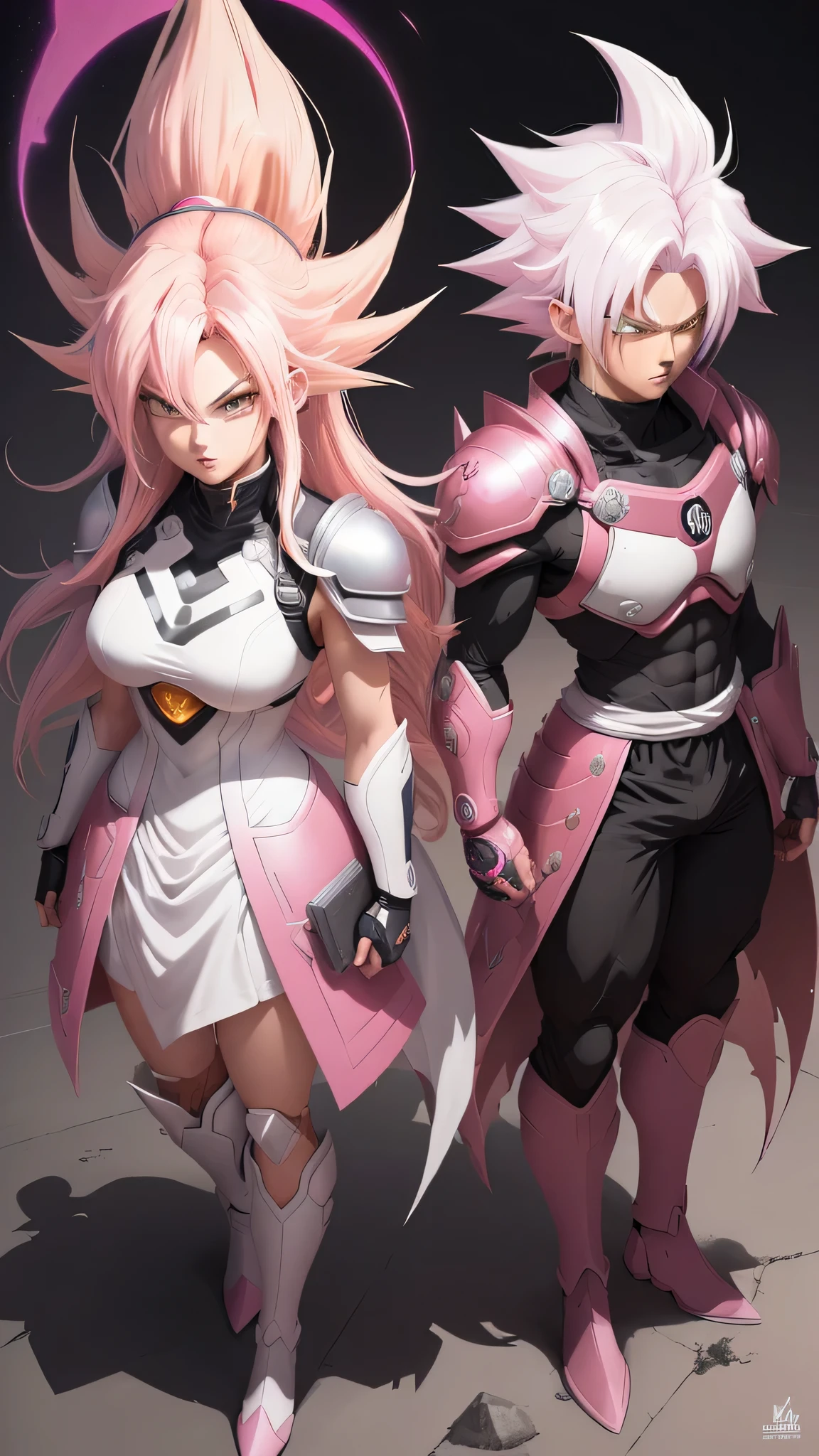 a drawing of a goku white hair with pink hair, artstyleunknown, full figure poster, dark aura, full art, cell shaded art, by theCHAMBA, black and reddish color armor, slick pink armor, official art, matte pink armor, official character art, wild spiky black saiyan hair, high detailed official artwork, colored manga panel