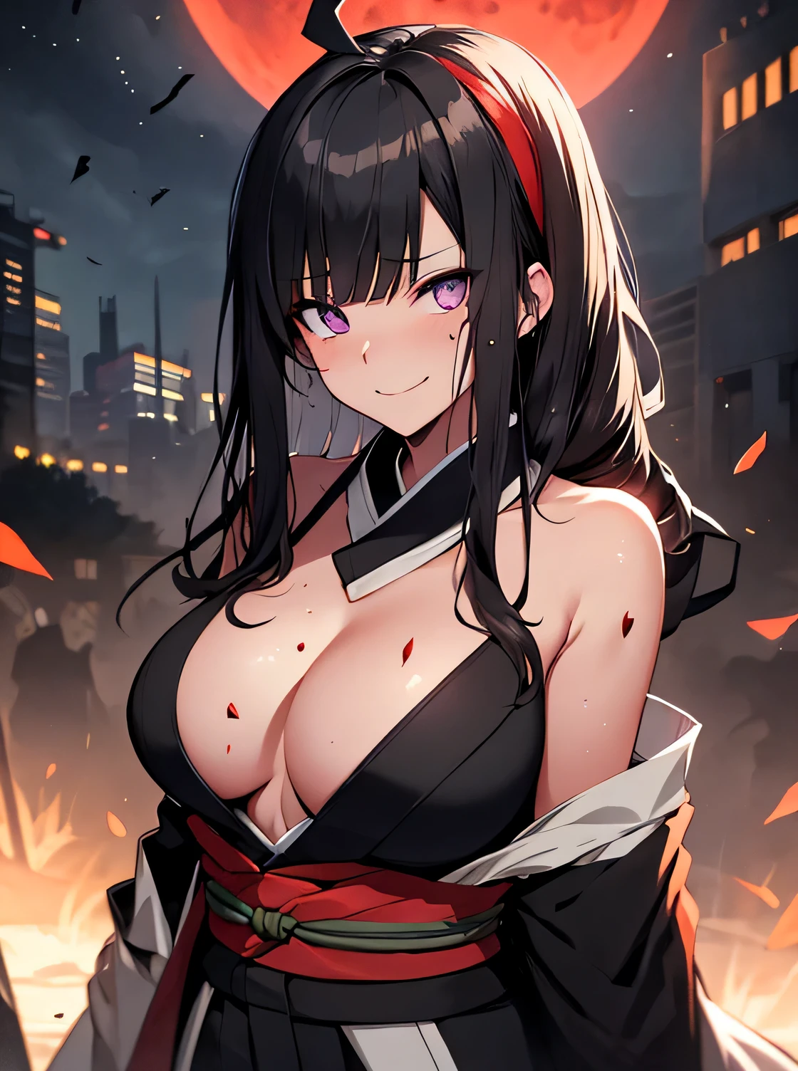 (Hinata) thick body, large naked breasts,exposed breasts, long black hair with bangs, purple eyes, hidden leaf village headband,sweaty, sexy pose,seductive, smirk ((dark night)) (red moon) open kimono 