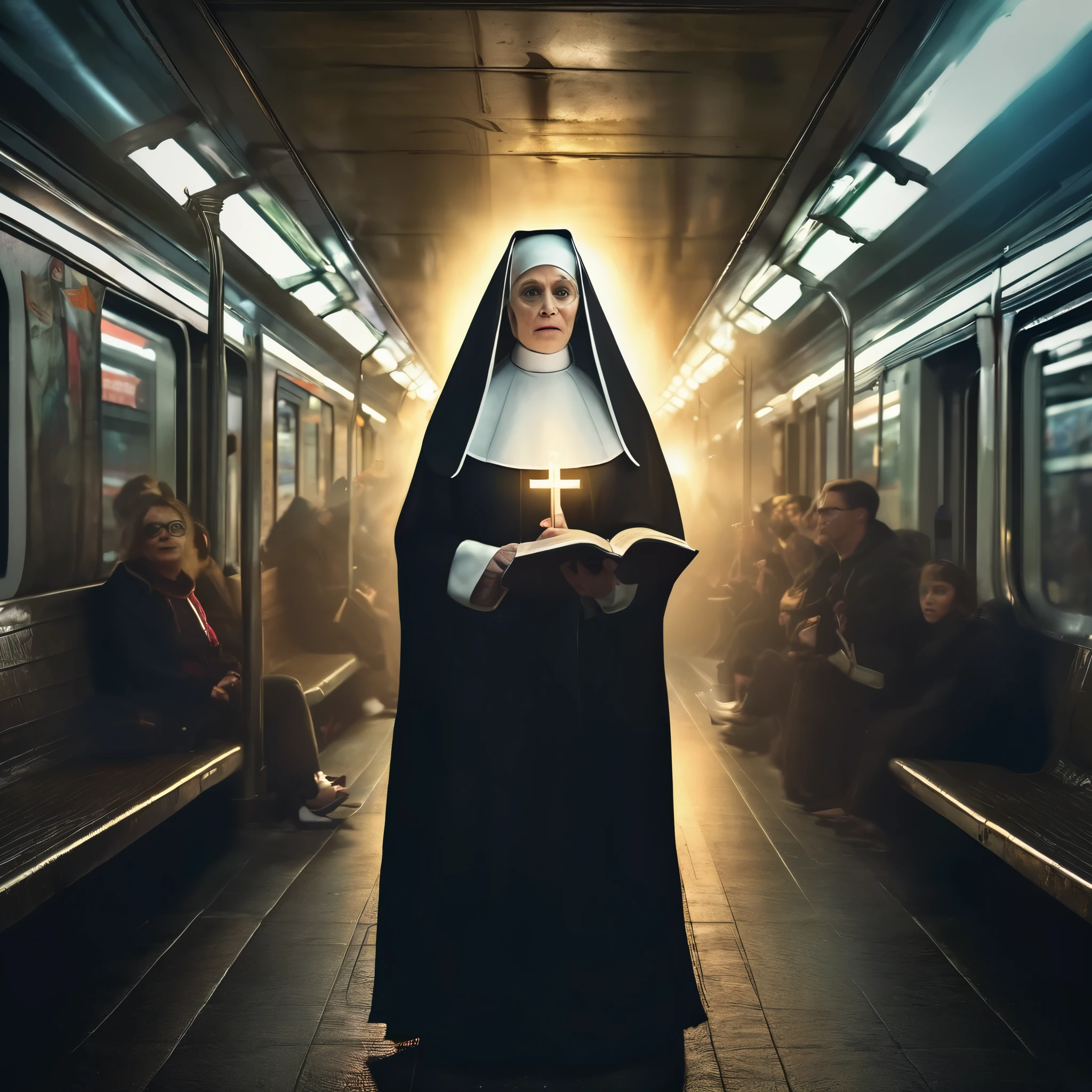 A spreading light, evil supernatural creatures fleeing, at the light's center is a lovely Catholic nun holding a cross and a bible, emitting holy energy as she chants, in a subway. (best quality, 4k, highres, masterpiece:1.2), ultra-detailed, (realistic, photorealistic:1.37), HDR, studio lighting, extreme detail description, professional, vivid colors, bokeh, portraits, horror, subway, evil supernatural creatures, spreading light, lovely Catholic nun, cross, bible, holy energy, chanting