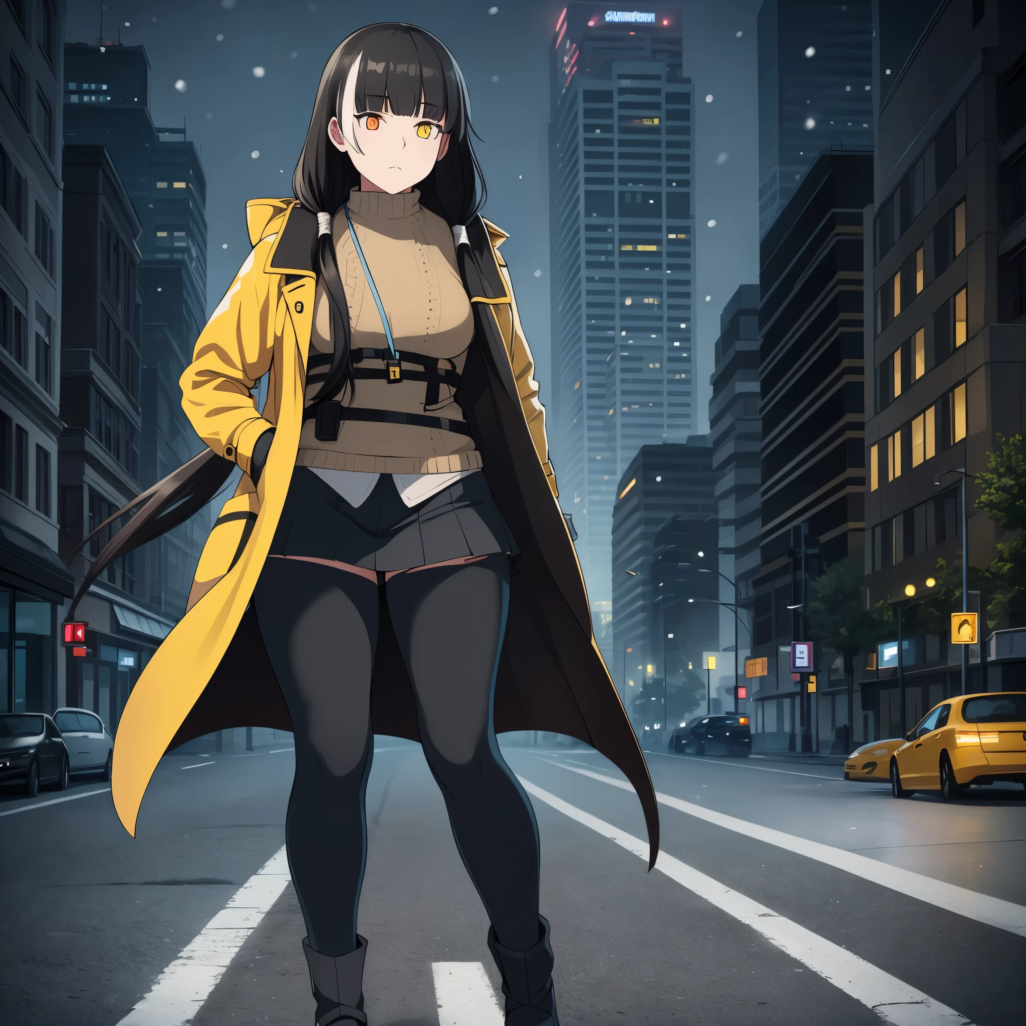 a woman wearing a yellow cold coat, black pants, black hair with white bangs, one yellow eye, one orange eye, walking on a sidewalk in a big city in winter weather, snowing, at night, blue and yellow lighting in place. ( just a woman, solo).,ultra resolution, very detailed, HDR, masterpiece, 8K hd
