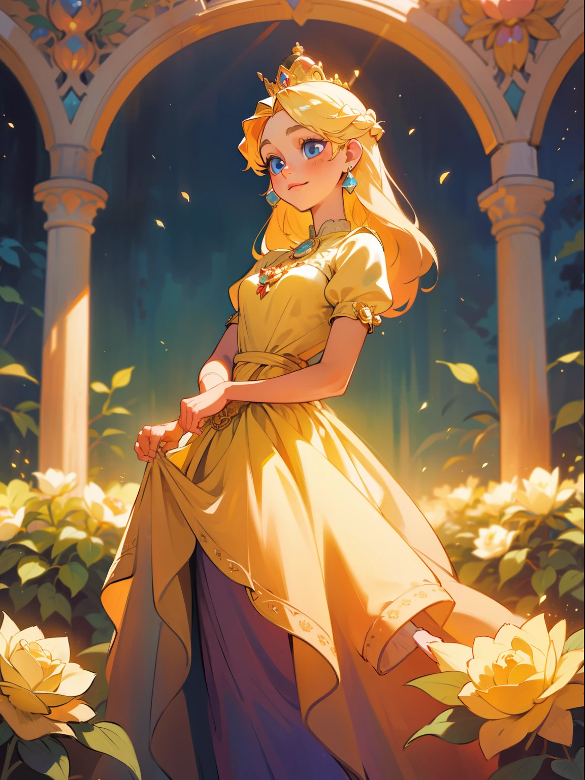 A girl with stunning blue eyes, a radiant smile, and flowing golden hair; wearing an elegant gown adorned with delicate flowers. The princess of the month of June gracefully stands in a magical garden, surrounded by blooming roses and vibrant summer foliage. The intricately designed crown on her head glistens under the sunlight, symbolizing her regal status. Her gentle gaze reflects the warmth and enchantment of the June season. The artwork is created using a combination of oil painting and 3D rendering techniques, resulting in a mesmerizing medium that brings the princess to life. With the best quality, 4k resolution, and ultra-detailed features, this masterpiece captures the princess's beauty with photorealistic precision. The vibrant colors and meticulous attention to detail further enhance the depth and realism of the image. Soft, warm hues dominate the color palette, accentuating the royal atmosphere of the scene. The garden is bathed in soft, golden sunlight, casting a warm glow and creating a dreamlike ambiance.