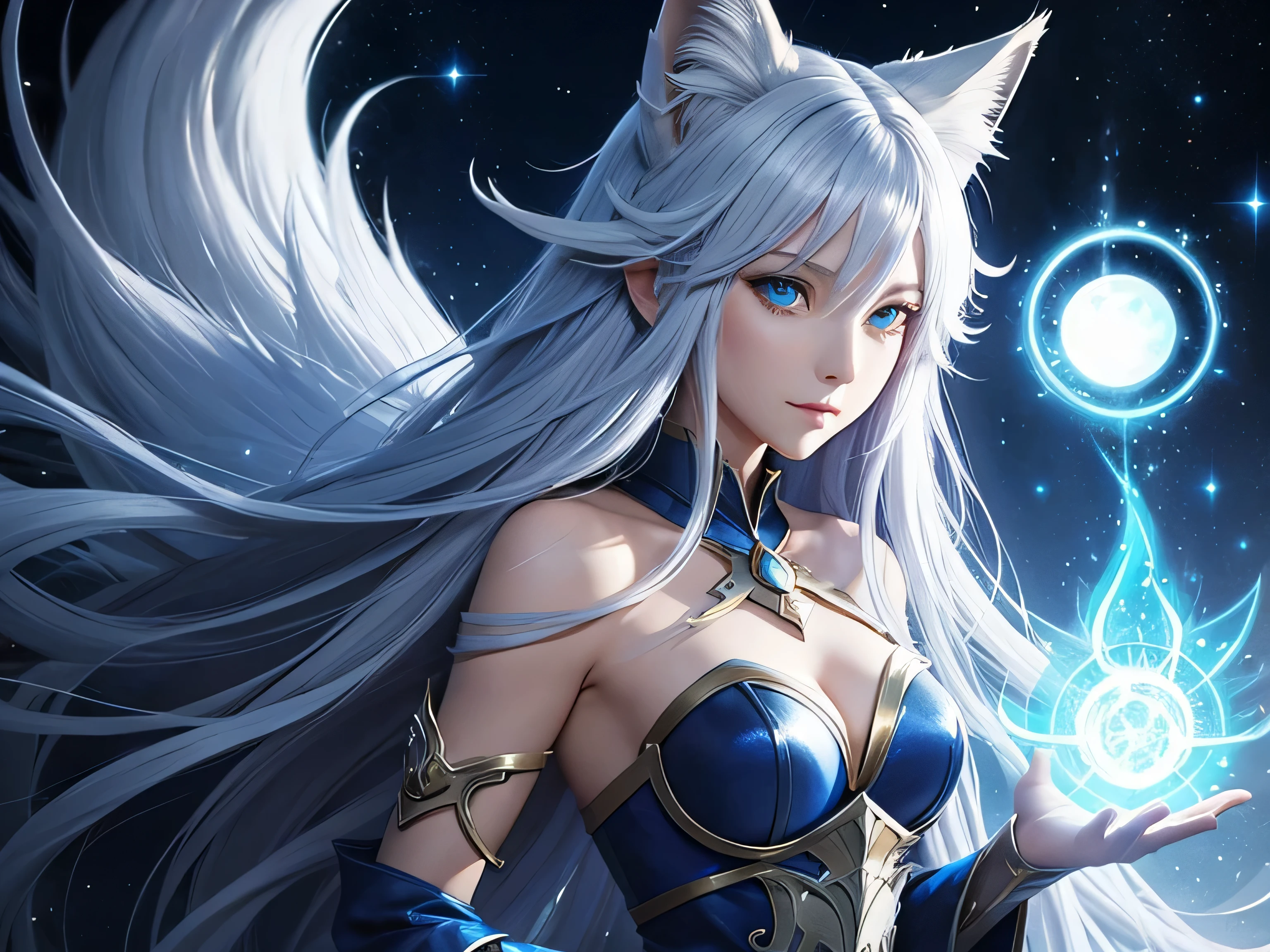 A foxgirl mage with long white hair and beautiful blue cat eyes call lighning storm and starfall with shining orb in hands, a foxgirl soceress with long hair and a sword in her hand, beautiful anime artwork, anime fantasy illustration, digital art , a beautiful artwork illustration, sorceress detailed art, beautiful anime art, anime fantasy artwork, kitsune, beautiful face, zerochan art
