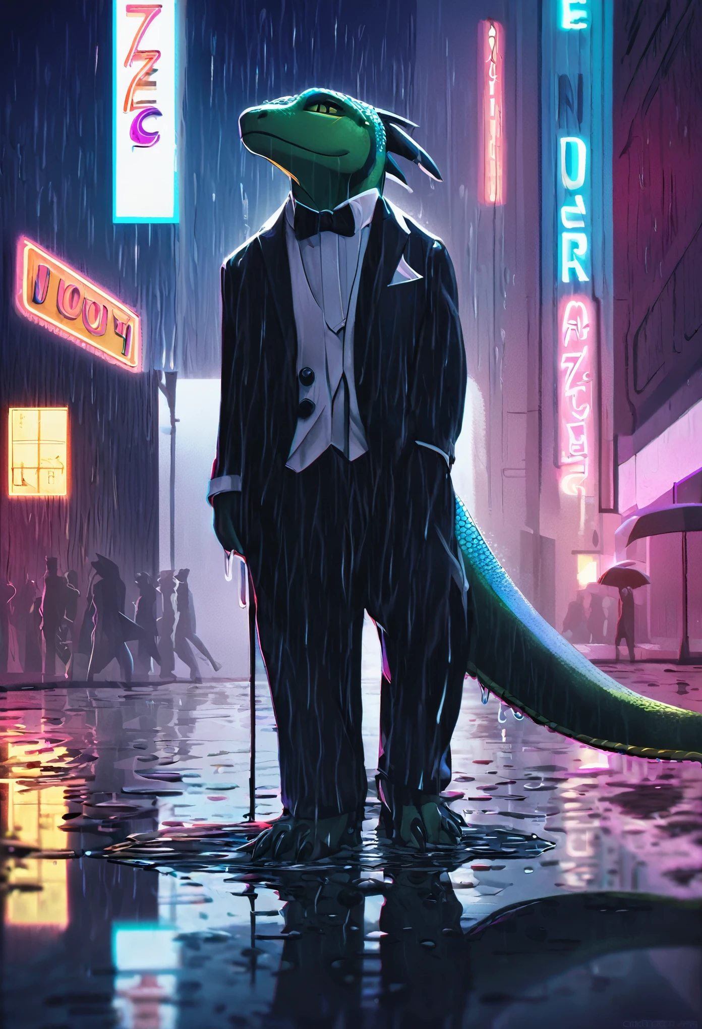 Lizard wearing a tuxedo wet in the rain, in the city, a night view with neon signs shining, silhouette reflected in a puddle, cinematic lighting,