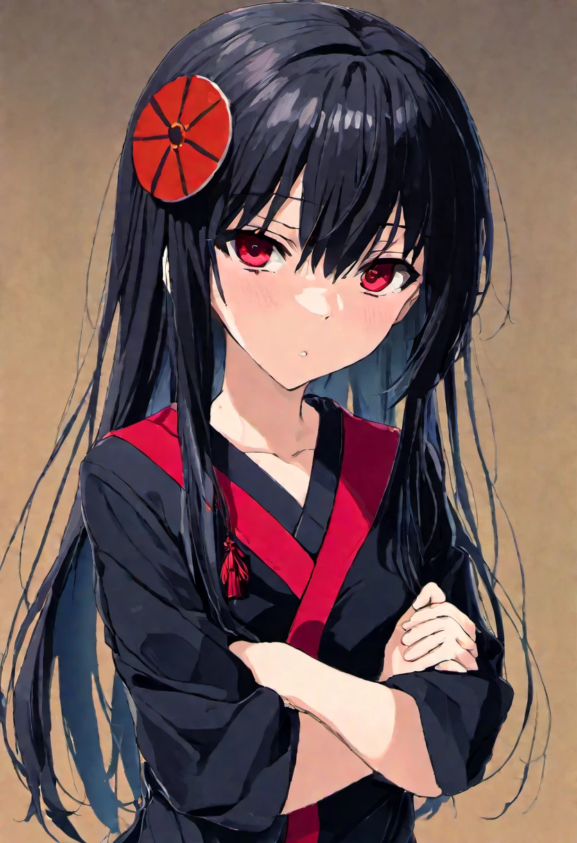 A teenage girl with long black hair and bangs with red eyes. She’s in a black Japanese uniform. She has her arms crossed as she looks mad.