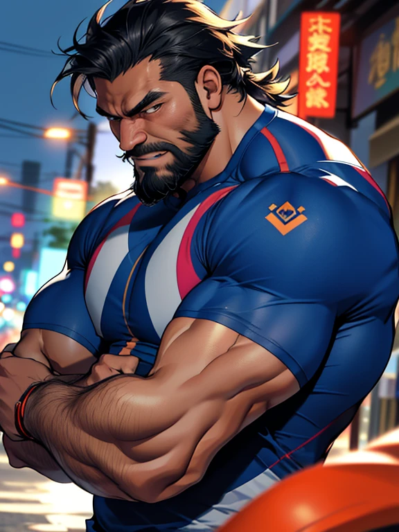best quality, masterpiece, Indonesian adult male, ultra high resolution, Detailed background, realism, illustration, , street, muscle, Volumetric lighting, depth of field, beard, Fitness coach, compression shirt,背部muscle,Strong,pride,werewolf,变成了werewolf,十分强壮狼更强壮muscle,Strong,A body of hair,no top