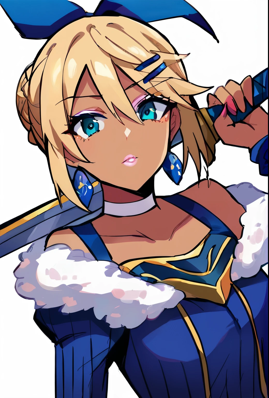 Score_9, score_8_up, score_7_up, score_6_up, gyaru, source_anime, 1girl, solo, white background, brick wall backdrop, upper body, looking at viewer, BREAK, earrings, BREAK, thin pink lips, tanned skin, pink makeup, ribbed sweater, fur trim, bare shoulders, off shoulder, white choker, hairclip, phSaber, phAltoria, 1girl, solo, armor, gauntlets, weapon, armored dress, sword, holding, french braid, holding weapon, holding sword, blue dress, long sleeves, puffy sleeves, glowing weapon, glowing, blue ribbon, glowing sword, bangs, hair bun, french braid, juliet sleeves, hair between eyes, breastplate, short hair, single hair bun,