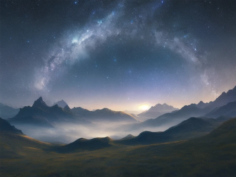 surreal illustration , otherworldly, Super sky scene,Very delicate and magical lighting, Intricate night sky details, landscape, Beautiful and lush space with beautiful lighting and realistic proportions, It's like a movie background, 8K, highest quality, masterpiece, sky clouds and stars, dark fantasy, film grain, 複雑なlandscape, midnight, jet black, (no light), Only the starlight, Dim scene