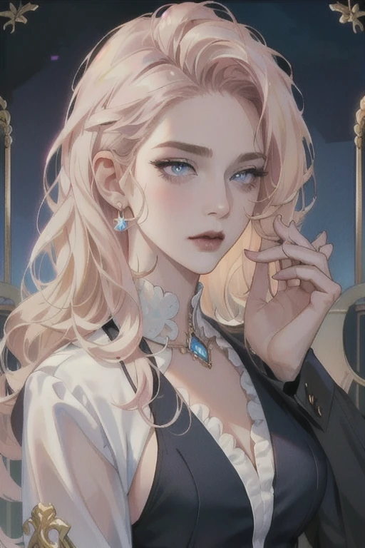 masterpiece, Best quality, night, full moon, 1 girl, mature woman, blonde hair, long and wavy hair, Light pink lips, tranquility, Intellectual, medium hair, blue pupils, hairpin, Beautiful face, face close up, Hand close-up, business suit, White shirt, black dress pants, serious face, closed mouth 