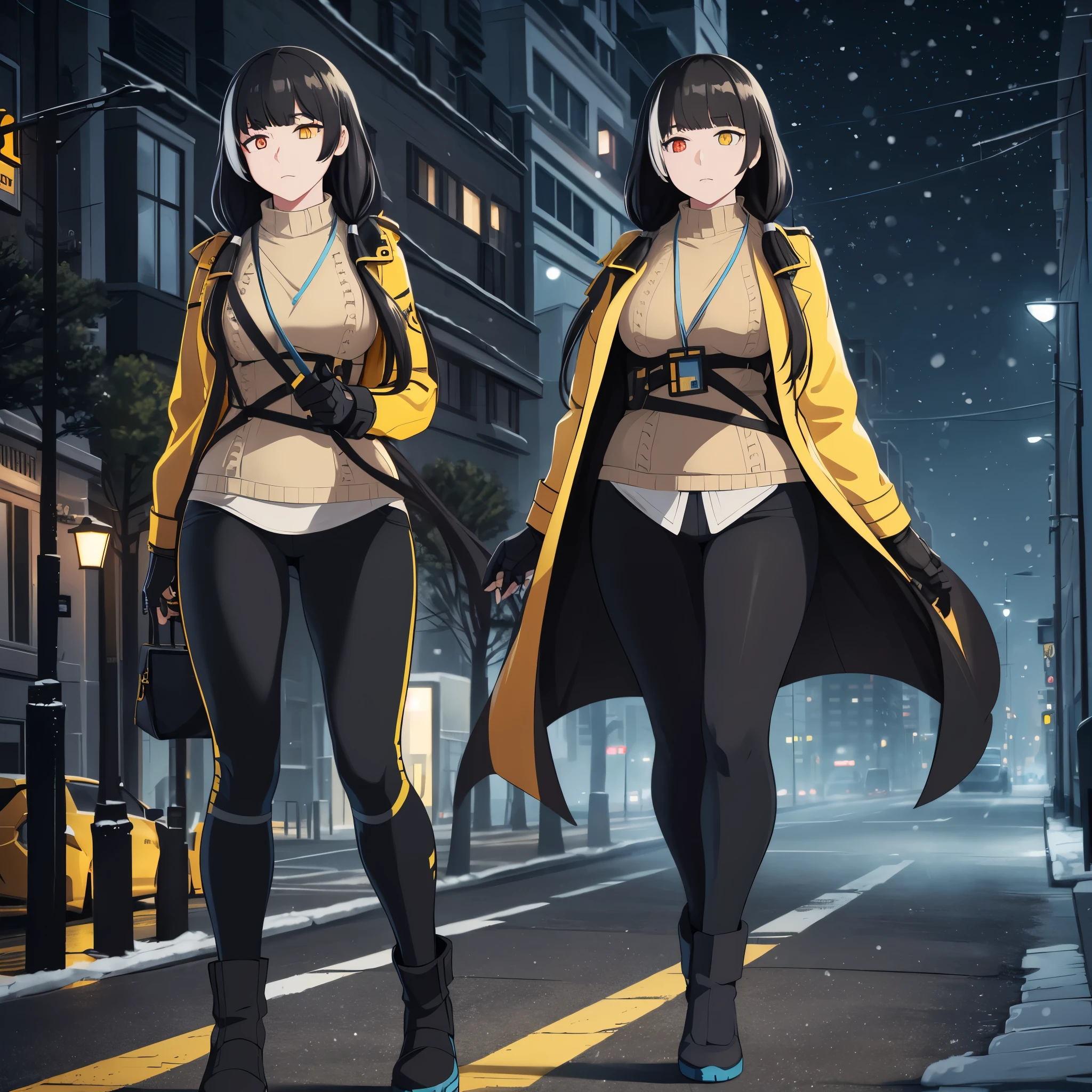 a woman wearing a yellow cold coat, black pants, black hair with white bangs, one yellow eye, one orange eye, walking on a sidewalk in a big city in winter weather, snowing, at night, blue and yellow lighting in place. ( just a woman, solo).,ultra resolution, very detailed, HDR, masterpiece, 8K hd
