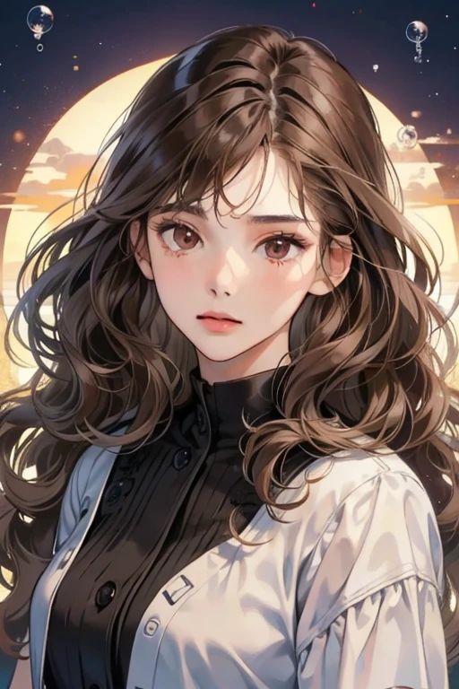 Masterpiece, best quality, anime, 1woman, quiet, calm and pretty young woman, , ((close mouth)), extremely detailed, a little distance, ((dark brown eyes)), ((wavy with bang brunette hair)), bubble floating