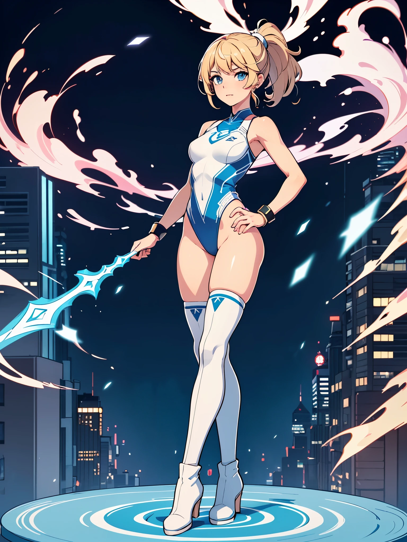 1girl, light blonde hair, aquamarine eyes, boots, breasts, bracelets, full body, hair ornament, (shoulder-length hair, ponytail), full body with costume, leotard, gymnast_outfit leotard, white leotard with blue accents, bare legs, white stockings, white boots, medium breasts, solo, standing, superhero, (lighting logo on chest), beautiful detailed eyes, beautiful detailed face, age 18, full body zenkai! full body portrait, body infused with electricity, diffraction spikes, heroic, standing straight, hands on hip, cowboy shot, city backdrop