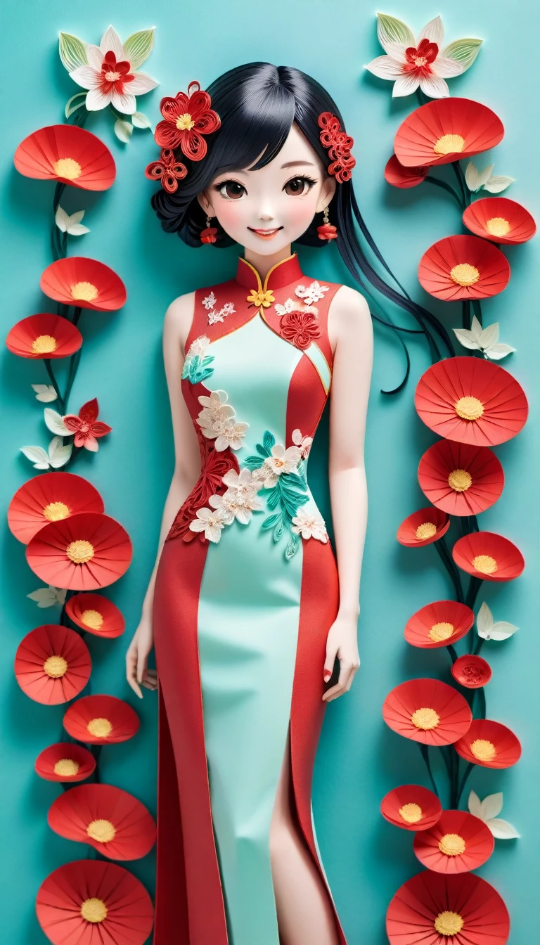 (paper art,layered paper art,paper quilling,paper cutting,Paper art), 1 cheongsam women，Slender figure，perfect proportions，Exquisite hair accessories, whole body, Smile，Oriental elements，Simple background, Mint Red,  (soft light, Bokeh)