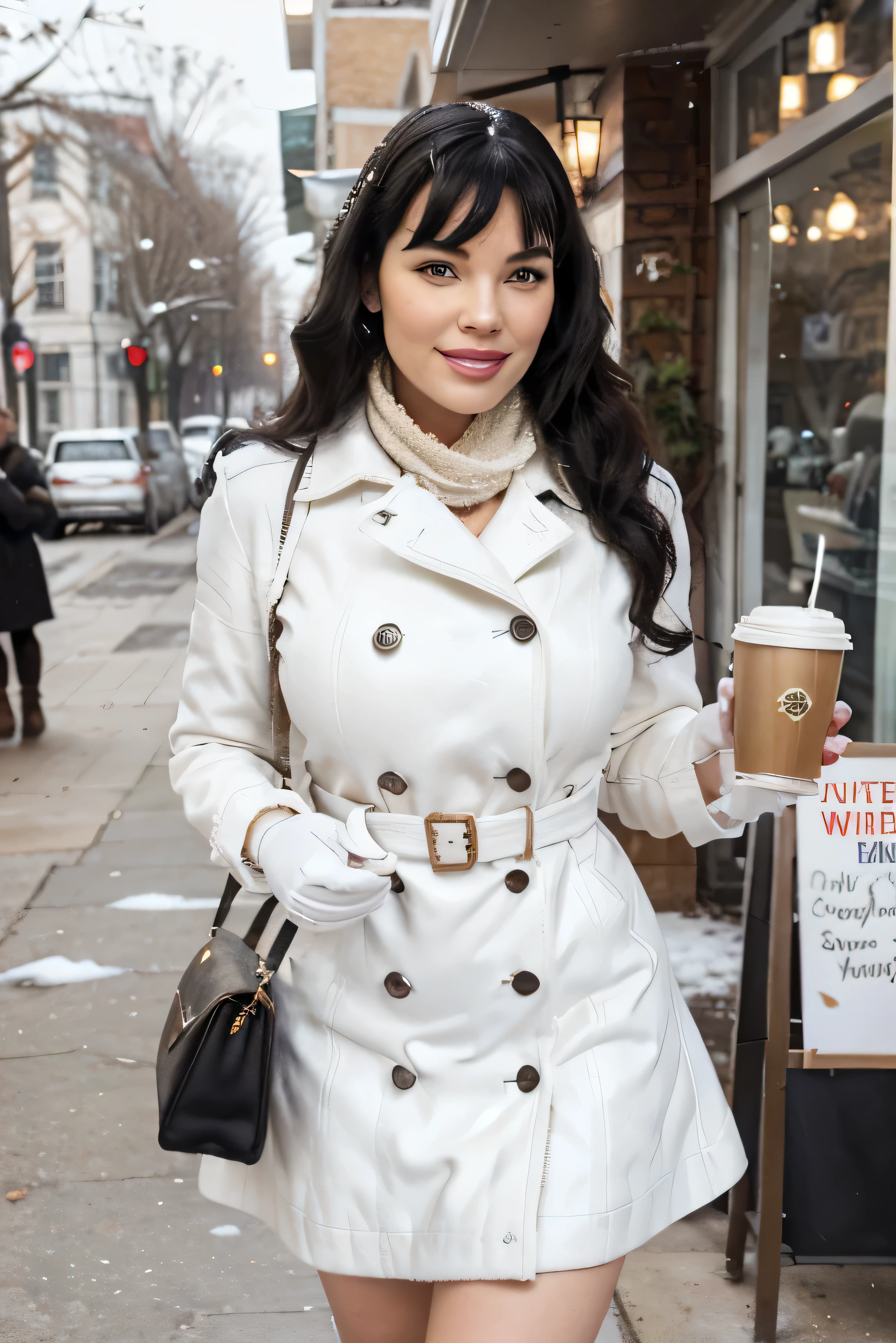 Page Bettie 30 ans, se maquiller, Peau couleur olive, Curly black hair (longueur moyenne), dehors, in front of the cafe , Winter hours, la neige tombe, seductive smile in the light of day, le plus long trench en cuir blanc de tous les temps , Pull en laine blanc, bottes hautes blanches, jupe en laine maxy, gants en tissu blanc,