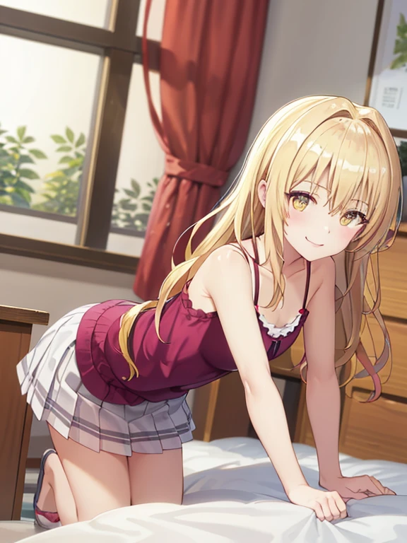 Lioftava, high resolution, best quality, An illustration, Super detailed, (Surface details), (eye for detail), soft lighting, best quality, Super detailed, masterpiece, 1 girl, solo,camisole, medium pleated skirt, shining eyes, (colorfully), upper bust, put a smile on your face, classroom, looking at the viewer、Summer clothes skirt,white cute panties、The skirt doesn't flip up too much,Turn around on all fours,Looks like it was taken from behind