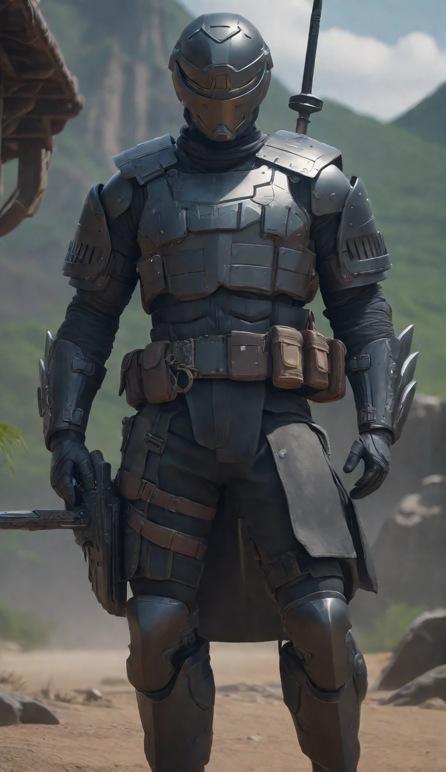 (((best quality))),(((ultra detailed))),(((masterpiece))),a man in a helmet dressed in tactical armor, With a black cape, sword on his Back ,Shoulder pads, Knee pads, three throwing knives holstered on his arm, Pistol holstered on his leg(Best quality, 4k, Masterpiece :1.3), Cyberpunk, Background, Sci-fi landscape, (Black cape), ultra realistic 8k cg