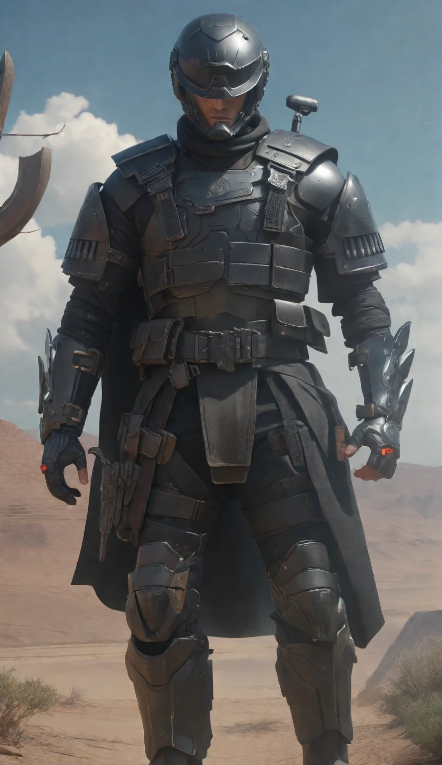 (((best quality))),(((ultra detailed))),(((masterpiece))),a man in a helmet dressed in tactical armor, With a black cape, sword on his Back ,Shoulder pads, Knee pads, three throwing knives holstered on his arm, Pistol holstered on his leg(Best quality, 4k, Masterpiece :1.3), Cyberpunk, Background, Sci-fi landscape, (Black cape), ultra realistic 8k cg