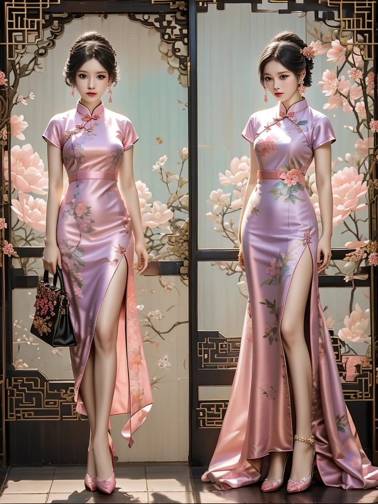 Fashion design, featuring a beautiful girl wearing a soft toned qipao, with a combination of warm and cool colors (pink, purple, blue, light green, peach brown, etc.) throughout her body, creates a rich and colorful yet exceptional visual experience. The patterns of Chinese qipao, such as magpies, peanuts, and pomegranates, are Western in style, including plaid, stripes, and polka dots. Embroidery adds to the qipao's beauty, while Cantonese embroidery has a complex but not chaotic composition. Xiang embroidery focuses on Chinese landscape painting as its theme, Embroidery can produce fragrance, birds can listen to sound, and embroiderers can be vivid and precise. Su embroidery is "flat, light, uniform, even, harmonious, smooth, fine, and dense." It is handmade to carve patterns of dragons and phoenixes, Ruyi, bats, flowers, etc. The styles of buttons, cheongsam collars are single, double, and diagonal, and some exquisite jewelry, such as earrings and necklaces, are used to highlight personal charm. Shoes and bags match the overall shape,