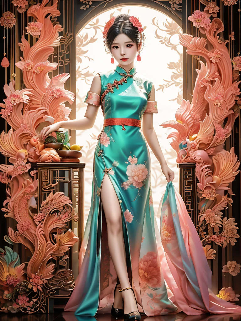 Fashion design, featuring a beautiful girl wearing a soft toned qipao, with a combination of warm and cool colors (pink, purple, blue, light green, peach brown, etc.) throughout her body, creates a rich and colorful yet exceptional visual experience. The patterns of Chinese qipao, such as magpies, peanuts, and pomegranates, are Western in style, including plaid, stripes, and polka dots. Embroidery adds to the qipao's beauty, while Cantonese embroidery has a complex but not chaotic composition. Xiang embroidery focuses on Chinese landscape painting as its theme, Embroidery can produce fragrance, birds can listen to sound, and embroiderers can be vivid and precise. Su embroidery is "flat, light, uniform, even, harmonious, smooth, fine, and dense." It is handmade to carve patterns of dragons and phoenixes, Ruyi, bats, flowers, etc. The styles of buttons, cheongsam collars are single, double, and diagonal, and some exquisite jewelry, such as earrings and necklaces, are used to highlight personal charm. Shoes and bags match the overall shape,