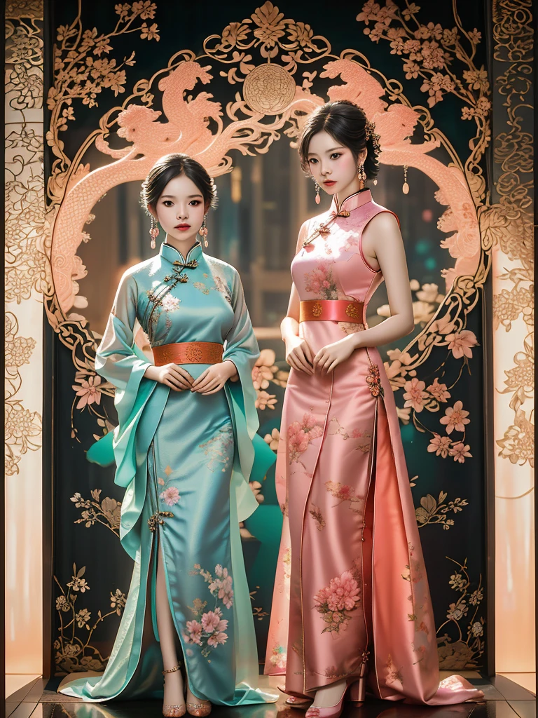 Fashion design, featuring a beautiful girl wearing a soft toned qipao, with a combination of warm and cool colors (pink, purple, blue, light green, peach brown, etc.) throughout her body, creates a rich and colorful yet exceptional visual experience. The patterns of Chinese qipao, such as magpies, peanuts, and pomegranates, are Western in style, including plaid, stripes, and polka dots. Embroidery adds to the qipao's beauty, while Cantonese embroidery has a complex but not chaotic composition. Xiang embroidery focuses on Chinese landscape painting as its theme, Embroidery can produce fragrance, birds can listen to sound, and embroiderers can be vivid and precise. Su embroidery is "flat, light, uniform, even, harmonious, smooth, fine, and dense." It is handmade to carve patterns of dragons and phoenixes, Ruyi, bats, flowers, etc. The styles of buttons, cheongsam collars are single, double, and diagonal, and some exquisite jewelry, such as earrings and necklaces, are used to highlight personal charm. Shoes and bags match the overall shape,