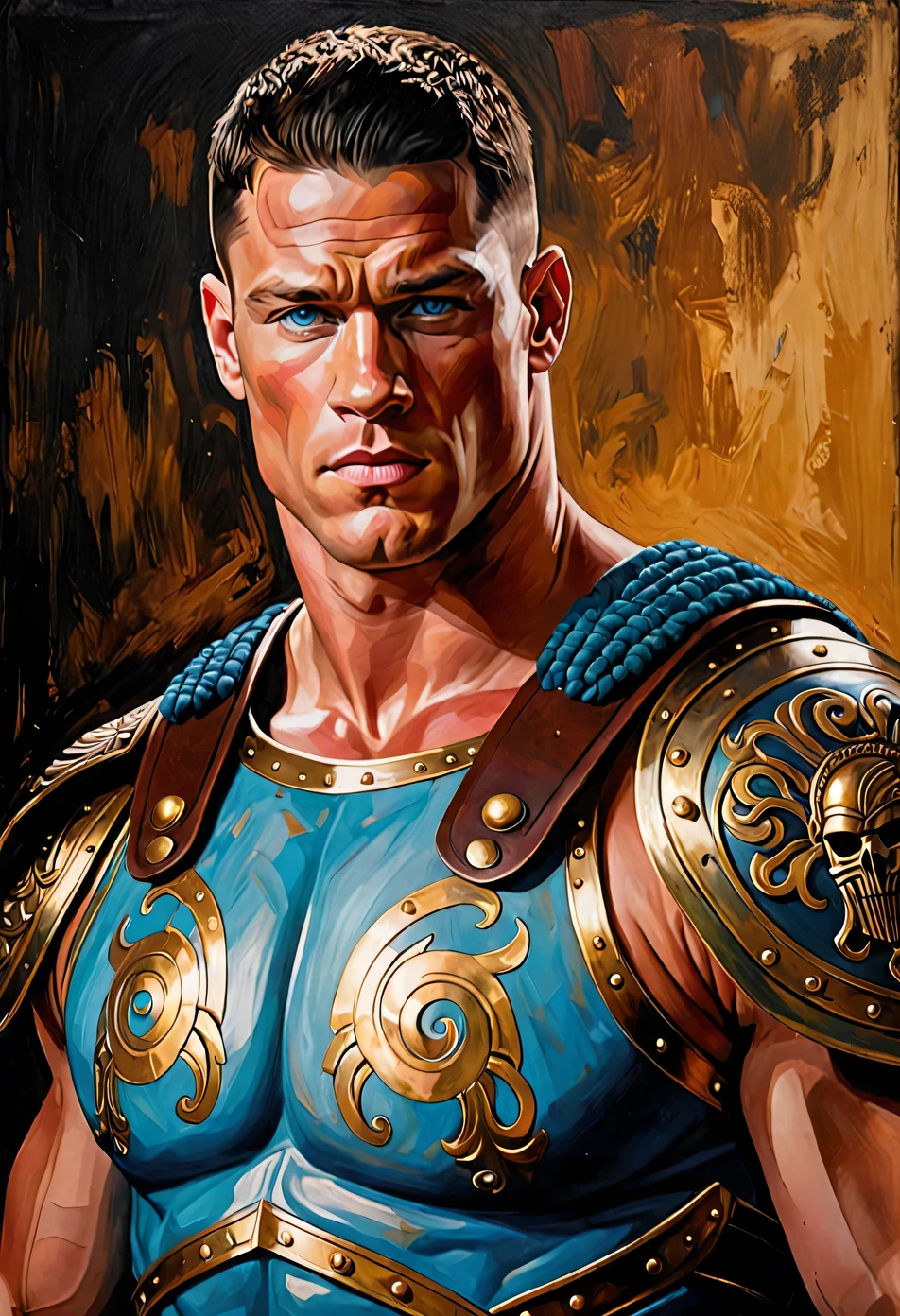 chiaroscuro technique on sensual illustration of an masculine, 26-year-old Italian male model, handsome Roman, (John Cena) he is the god of war, he is Ares, Mars, evil-looking, strong look, light blue eyes, strong jawline, dressed as a gladiator, ancient gladiator, male gladiator skirt, matte painting, by Harumi Hironaka, extremely colors, vibrant, pastel, highly detailed, digital artwork, high contrast, golden dramatic, refined, tonal, an intimate, seductive studio setting with a focus on sensuality eyes. 