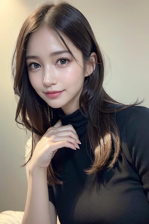 (8K, highest quality, masterpiece:1.2), (realistic, Photoreal:1.37), super detailed, one girl, cute, solo, ((rest one's chin on one's chin)),((small chest)), (nose blush), (laughter:1.15), beautiful and fine eyes, (hair length: 1.2), Floating hair NovaFrogStyle, Upper body, black blouse