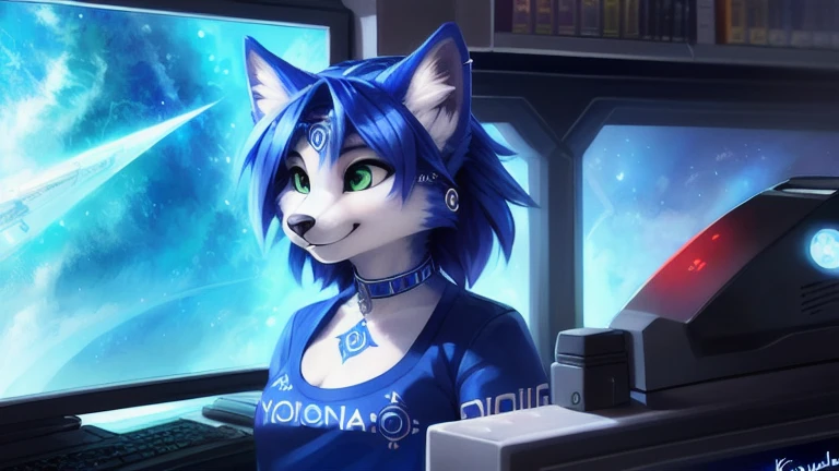 A beautiful and detailed (sweet portrait) von ((Krystal)), Sternenfuchs Krystal, Schlank, liebenswert, Green eyes, Small breasts, Raumanzug, Tippen auf einem holographischen Computer, Dekollete, Grinsen, hoch schauen,, Anthro, Pelzig, holografischer Bildschirm, Science-Fiction, Hochgeladen E621, detailed flauschige fur, (von Fluff-Kevlar, Bayard Wu, personalami, Pino Daeni), detailliertes Gesicht, (flauschige), 1girl, Allein, kein Wasserzeichen