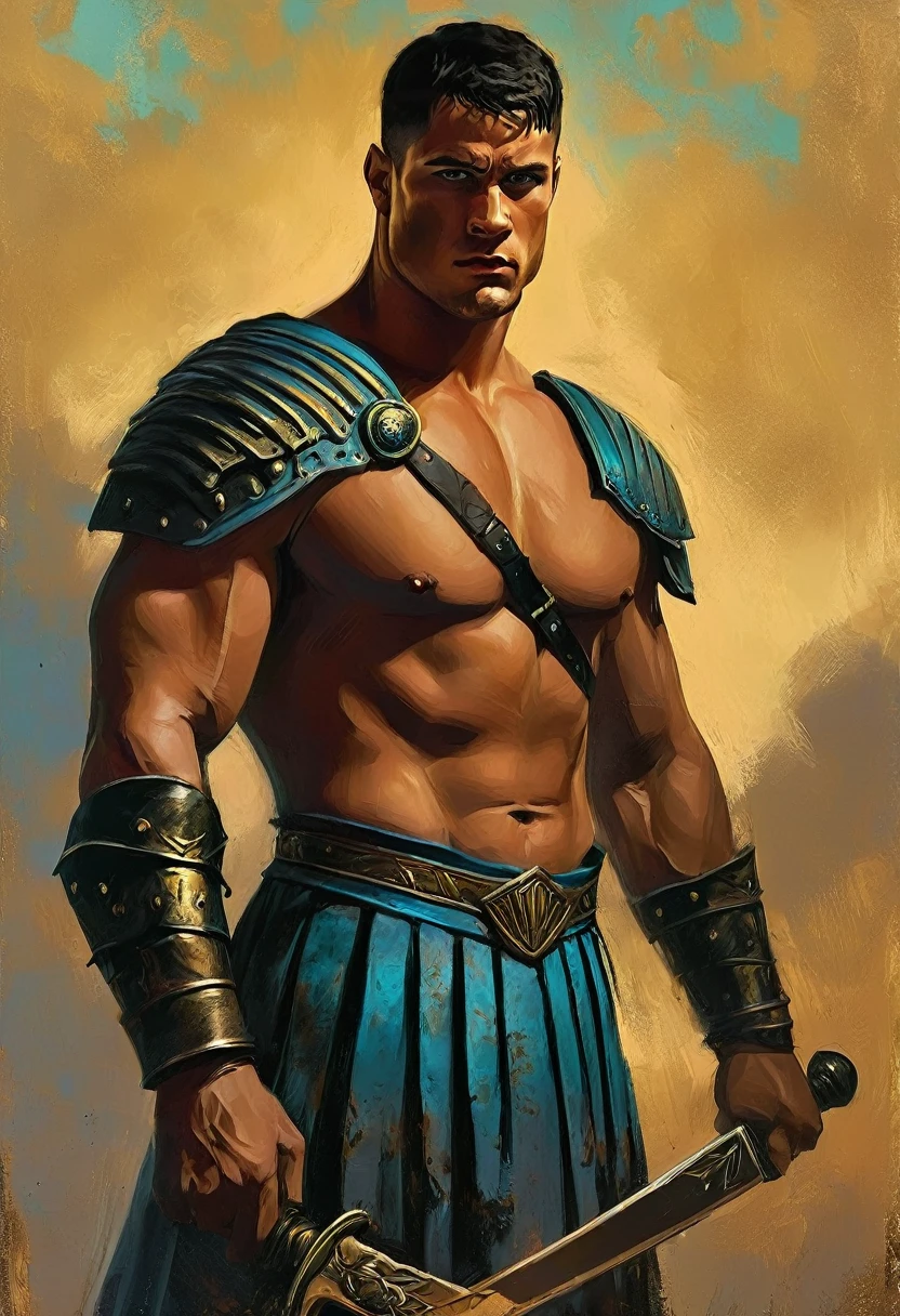 chiaroscuro technique on sensual illustration of an masculine, 26-year-old Italian male model, handsome Roman, (John Cena) he is the god of war, he is Ares, Mars, evil-looking, strong look, light blue eyes, strong jawline, dressed as a gladiator, ancient gladiator, male gladiator skirt, matte painting, by Harumi Hironaka, extremely soft colors, vibrant, pastel, highly detailed, digital artwork, high contrast, golden dramatic, refined, tonal, an intimate, seductive studio setting with a focus on sensuality and romance. Utilize soft, warm lighting that bathes the space in a gentle, inviting glow. Incorporate luxurious fabrics, plush furnishings, and a touch of decadence to evoke an opulent ambiance. The scene should exude an air of serenity and anticipation, inviting the viewer into a sensual and romantic space