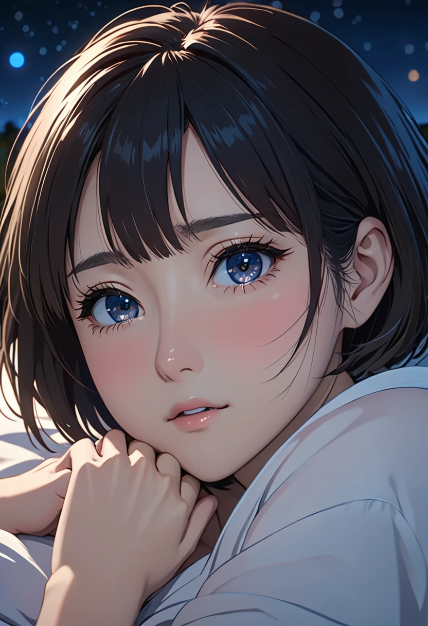 masterpiece, High resolution, illustration, kyoto animation style, Your name is cinematic style, night, midnight, Light, (1 female: 1.3), (alone: 1.4), long eyelashes, short bob, nose blushing, futon, lying down, naked, face close-up, Hide with hands , Hide with hands,