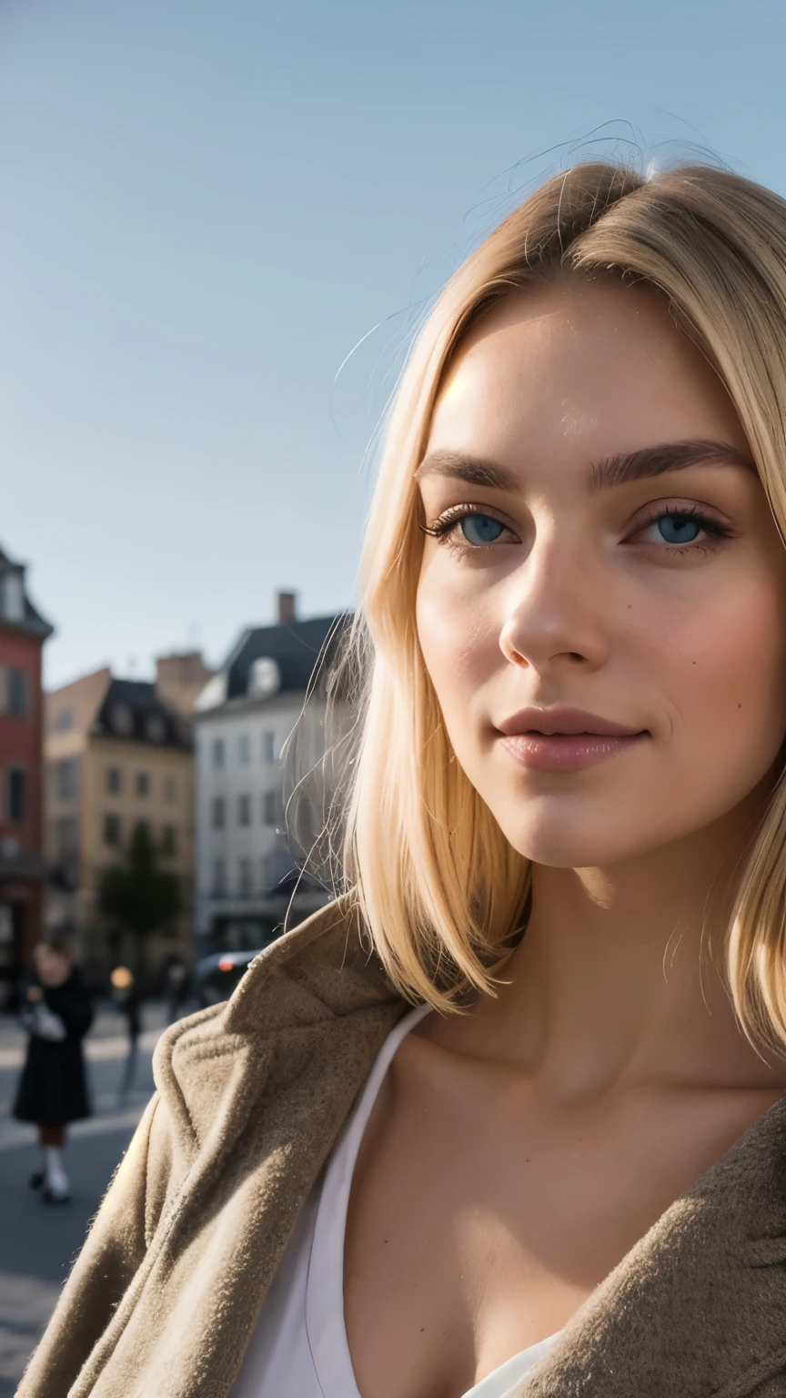 A woman named Lara Bauer, ((she is a 22-year-old woman, She has beautiful shoulder-length! (((blonde hair))), (yellow-brown! blonde! hair), (blonde tiny eyebrows), bright grey green eyes with great Details, glattes haar, (angular face: 1.3), (long face: 1.4), beautiful face)), im Winter auf einem Frankfurter Stadtplatz stehen. She wears high-quality designer clothes, mit einem Mantel, der ihre Figur betont. Her smile is warm and inviting, und sie strahlt Selbstvertrauen und Eleganz aus. The background shows the busy city, mit seiner Architektur und seinen Menschen. The image was captured with exceptional detail and clarity using a Canon EOS 5D Mark IV, shows the girl's flawless skin texture and the intricate patterns of her clothes. This Fotograph is a true masterpiece, bietet ein lebendiges und beeindruckendes 8K-UHD-Erlebnis., Foto