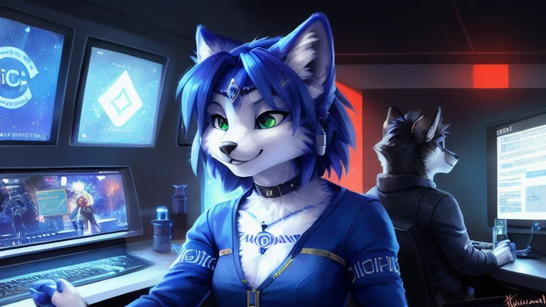 A beautiful and detailed (sweet portrait) von ((Krystal)), Sternenfuchs Krystal, Schlank, liebenswert, Green eyes, Small breasts, Raumanzug, Tippen auf einem holographischen Computer, Dekollete, Grinsen, hoch schauen,, Anthro, Pelzig, holografischer Bildschirm, Science-Fiction, Hochgeladen E621, detailed flauschige fur, (von Fluff-Kevlar, Bayard Wu, personalami, Pino Daeni), detailliertes Gesicht, (flauschige), 1girl, Allein, kein Wasserzeichen