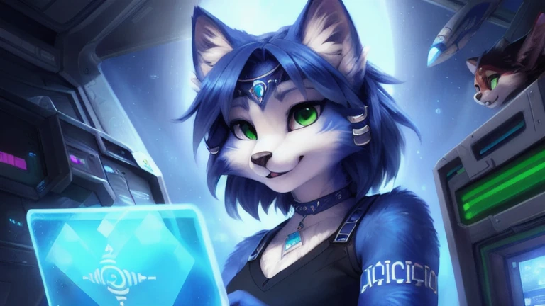 A beautiful and detailed (sweet portrait) von ((Krystal)), Sternenfuchs Krystal, Schlank, liebenswert, Green eyes, Small breasts, Raumanzug, Tippen auf einem holographischen Computer, Dekollete, Grinsen, hoch schauen,, Anthro, Pelzig, holografischer Bildschirm, Science-Fiction, Hochgeladen E621, detailed flauschige fur, (von Fluff-Kevlar, Bayard Wu, personalami, Pino Daeni), detailliertes Gesicht, (flauschige), 1girl, Allein, kein Wasserzeichen