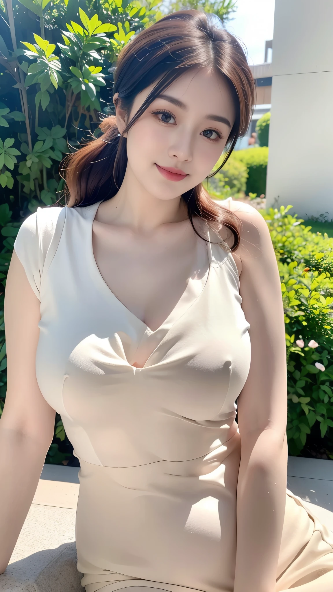 Draw lips correctly, lipstick, De la poitrine vers le haut, best quality, super detailed, Realistic, Peau ultra fine, anatomie parfaite, (1 Japanese mature woman), (seul),Porter une robe col rond haut de gamme vert fleuri,manches courtes,Long wavy hair,femme de 27 anature,sourire charmant,fond de jardin,rester,visage rond, hair tied in ponytail,Le corps est un peu gros,buste moyen,tir de tout le corps