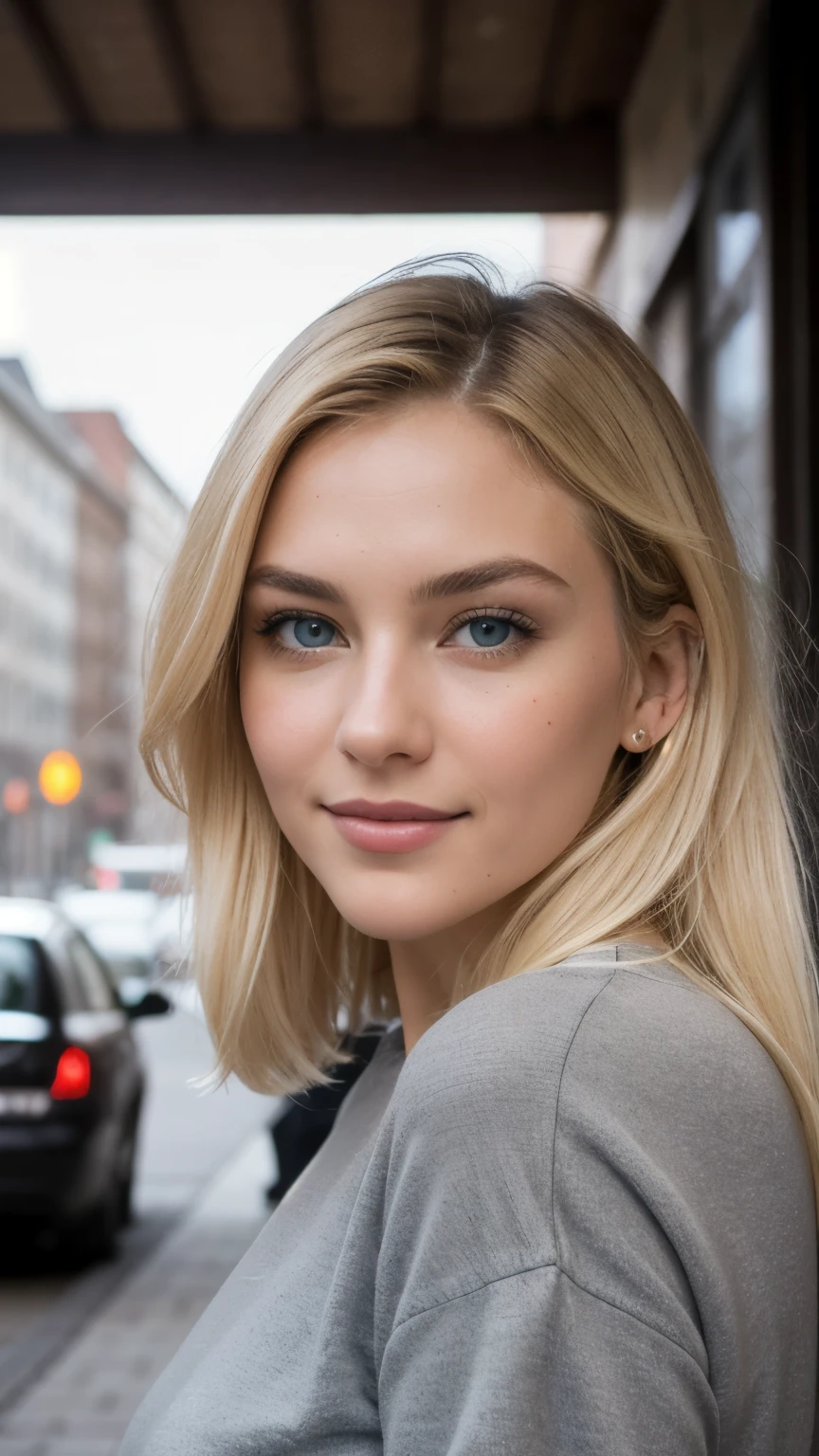 A woman named Lara Bauer, ((she is a 22-year-old woman, She has beautiful shoulder-length! (((blonde hair))), (yellow-brown! blonde! hair), (blonde tiny eyebrows), bright grey green eyes with great Details, glattes haar, (angular face: 1.3), (long face: 1.4), beautiful face)), im Winter auf einem Frankfurter Stadtplatz stehen. She wears high-quality designer clothes, mit einem Mantel, der ihre Figur betont. Her smile is warm and inviting, und sie strahlt Selbstvertrauen und Eleganz aus. The background shows the busy city, mit seiner Architektur und seinen Menschen. The image was captured with exceptional detail and clarity using a Canon EOS 5D Mark IV, shows the girl&#39;s flawless skin texture and the intricate patterns of her clothes. This Fotograph is a true masterpiece, bietet ein lebendiges und beeindruckendes 8K-UHD-Erlebnis., Foto