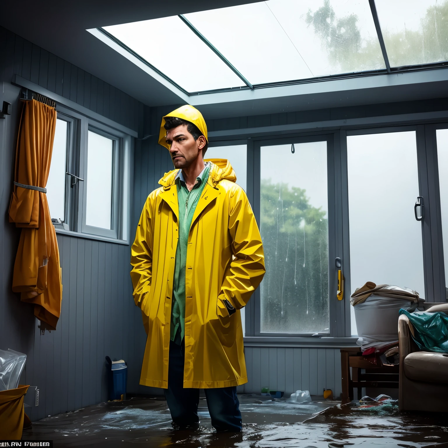 The animated character in the scene is depicted with a furrowed brow and a worried look on his face as he stands in the yellow raincoat inside his house. He is engulfed by plastic bags filled with his possessions, as water drips from the leaking ceiling, forming pools on the floor. He holds up a hand lamp to shed light on the water stains and damp walls, highlighting the damage caused by the rain. Through an open window, you can see the heavy raindrops pelting against the glass, adding to the sense of urgency to fix the leaking roof before further harm is done to his home.