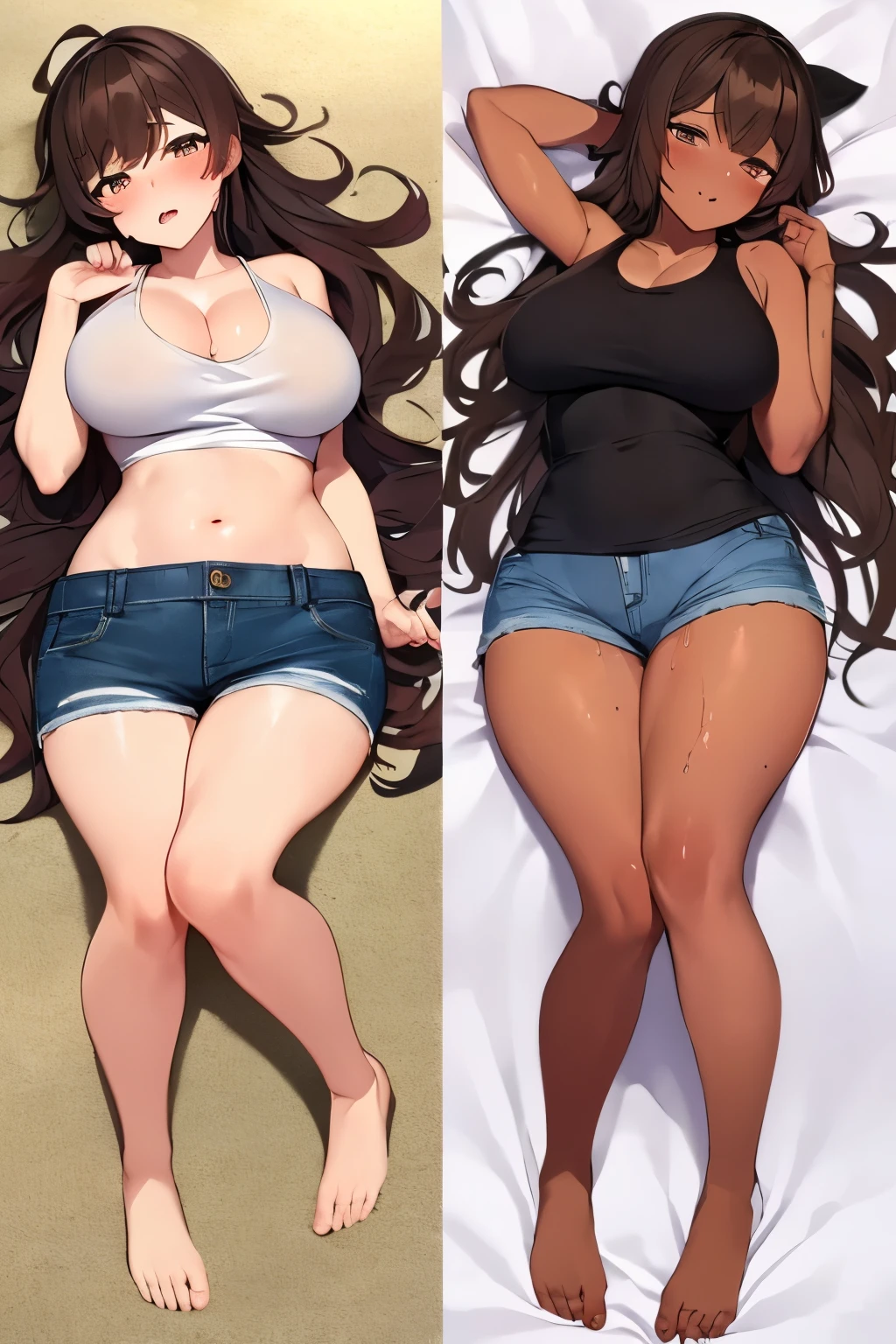 2D,highest quality,(masterpiece),(full body),((girl1people)),Semi-long hair that reaches to the shoulders,((amber brown hair)),((beach waves)),healthy dark skin,((denim hot pants)),「cheap」A pink tank top with the words,Shiny bare legs,barefoot,beautiful brown eyes,attractive thigheaty ass,Sloppy body shape,Bedroom,Get drunk,upper grade,cheeks are bright red,Cute with bruises,devilishly sexy,erotic look,Large drops of sweat all over the body,It's stuffy,sleep with your legs stretched out、my room、perfect limbs, perfect anatomy, anatomically correct、((lie down on the bed))
