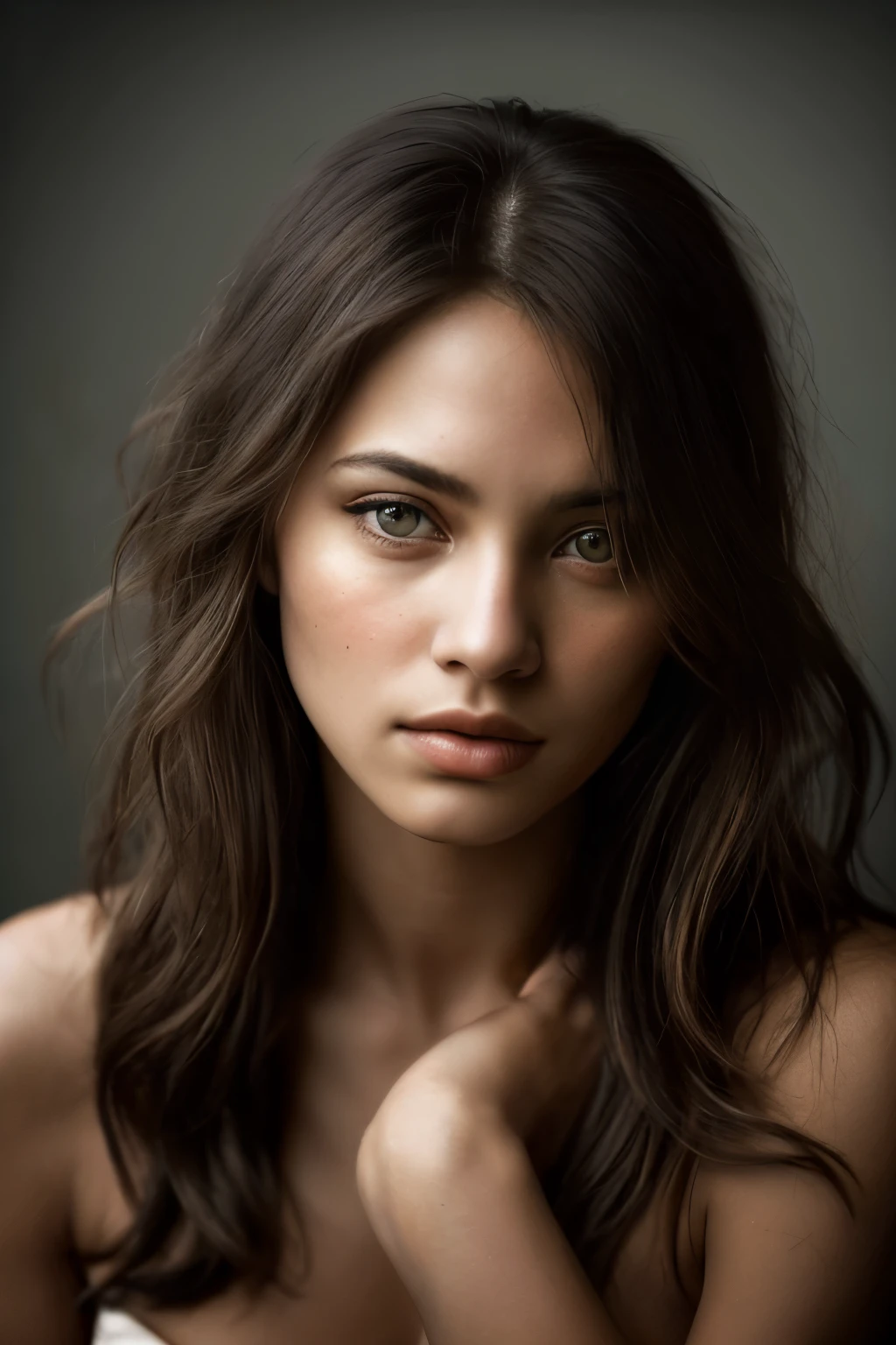 A stunningly beautiful woman, around her early twenties, stands alone in a somber atmosphere. Her face reflects a sense of profound loneliness, the emotions etched upon her features with striking realism. The ultra-realistic image captures every minute detail, from the delicate contours of her face to the depth of her expressive eyes. The lighting, perfectly balanced, adds a cinematic touch to the composition, highlighting the woman's exquisite features. The photograph, an award-winning masterpiece by renowned photographer Lee Jeffries, was taken with a Nikon D850 film stock camera, using a Kodak Portra 400 film. The result is a high-resolution, sharp-focus portrait that mesmerizes viewers with its hyper-realistic lifelike texture and rich, vibrant colors. As